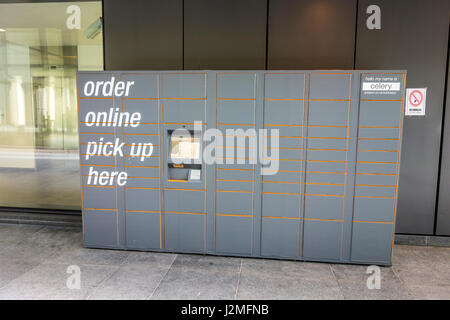 Amazon Locker in outside near office buildings in London for people to order online and pick up near work. London, UK Stock Photo