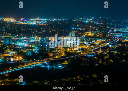 View of the downtown Roanoke skyline at night, from Mill Mountain in Roanoke, Virginia. Stock Photo