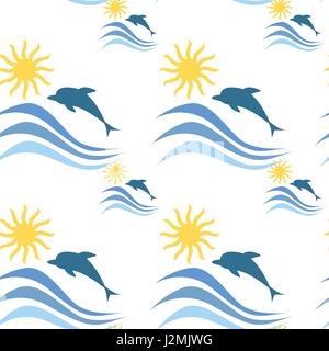 Sea Waves With Dolphins Summer Vacation Seamless Pattern Stock Vector