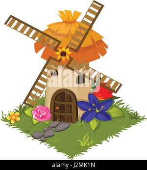 Isometric Cartoon Village Grinder Mill Decorated with Flowers - Elements for Tileset Map Stock Vector