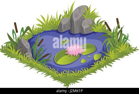 Isometric Cartoon Water Pond with Wild Reeds and Lilies - Elements for Tileset Map, Landscape Design Stock Vector