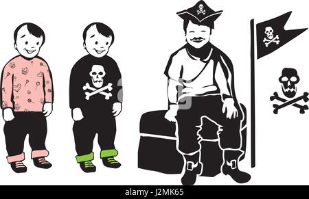 Smiling Pirate Sitting on Treasure Chest with Party Twins Brothers Stock Vector