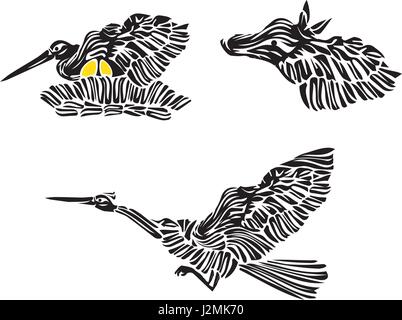 Stylized Nesting Stork Silhouette With Eggs, Flying Bird and Horse - Cartoon Vector Icon Set Stock Vector