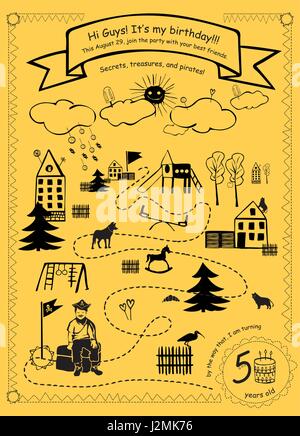 Birthday Invitation Flier with Hand-Drawn Borders, Playgrounds, Game Themes, Toys and Pets Stock Vector