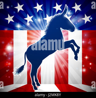 A donkey in silhouette with an American flag in the background democrat political mascot animal Stock Photo