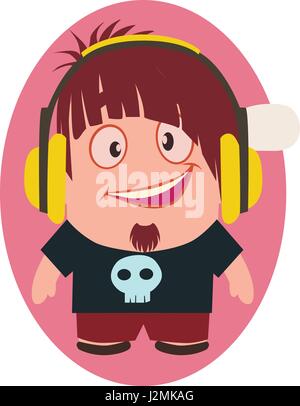 Cute, Cool and Funny Smiling Geek Avatar of Little Person with Headphones Cartoon Character in Flat Vector Stock Vector