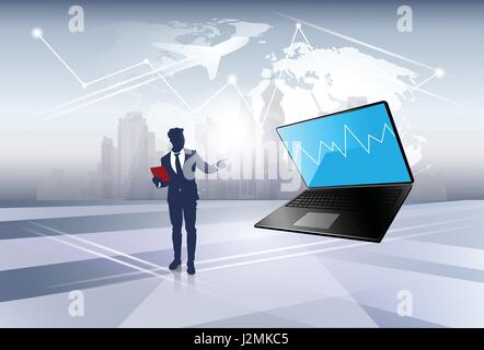 Silhouette Business Man Point On Laptop Computer Social Network Communication Stock Vector