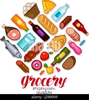 Grocery store, banner. Food and drinks icons set. Vector illustration Stock Vector