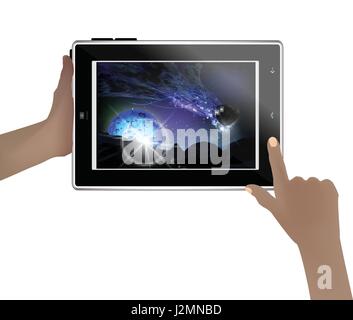Space wallpaper on a tablet in human hands. Illustration for your design. Flash on the blue planet Stock Vector