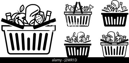 Grocery store icon. Shopping cart or basket full with food and drinks. Vector illustration Stock Vector