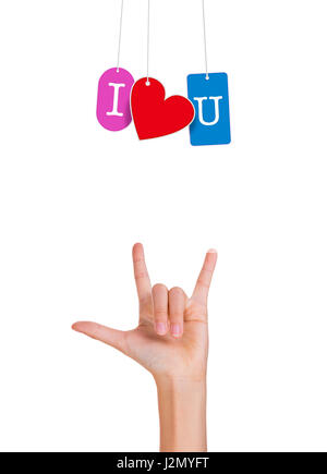 Hand with fingers forming love sign with I love you hanging tags, isolated white background with copy space on top Stock Photo