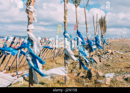 white and blue obo and aobao landscape in mongolia ,mongol totem, in grassland with blue sky,horizontal Stock Photo