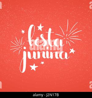 Festa Junina handwritten lettering. Modern vector hand drawn calligraphy with grunge overlay texture over red background Stock Vector