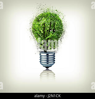 Lightbulb shattered with tree inside on white gradiant background, Concept for ecology Stock Photo