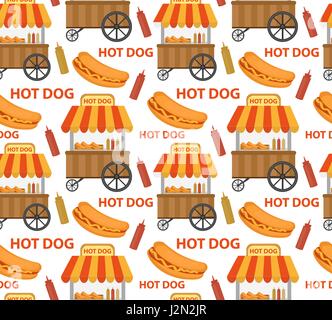 Hot Dog seamless pattern, endless texture. Fast Food repeating background. Vector illustration. Stock Vector