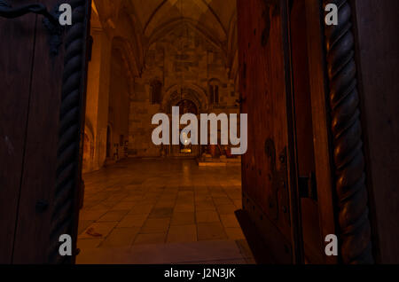 Entrance to church inside 12.century Studenica monastery at evening, UNESCO world heritage site in Serbia Stock Photo