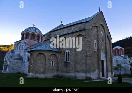 Two churches inside 12.century Studenica monastery at sunset, UNESCO world heritage site in Serbia Stock Photo