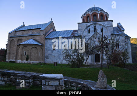 White marble church from 12. century inside Studenica monastery at sunset, UNESCO world heritage site in Serbia Stock Photo