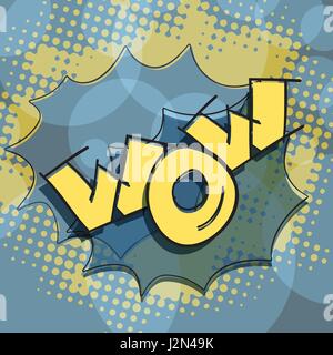 WOW hand lettering text pop art style with explosion and halftone background. Surprise emotion vector illustration. Stock Vector