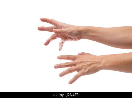 asian male hands reaching out on isolated white background Stock Photo