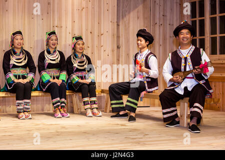 Zhaoxing, Guizhou, China.  Traditional Musical Performance by Members of Dong Ethnic Minority. Stock Photo