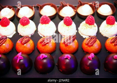 Variety of colorful modern french sweet desserts different fillings. Shallow depth of fields Stock Photo