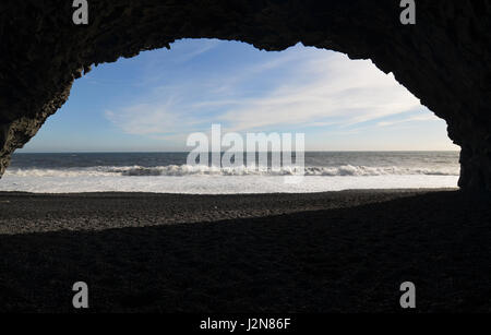 Rock grotto found on Reynisfjara Beach in Iceland. Stock Photo