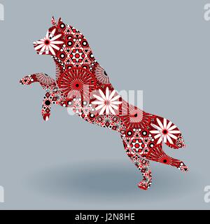 Jumping Dog of  Husky breed, vector stencil silhouette fill with stylized flowers in red, white and black colors on a grey background Stock Vector