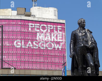 People Make Glasgow George Square sunny day blue sky statue of the poet Thomas Campbell Stock Photo