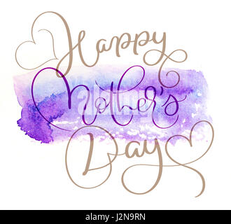 abstract watercolor background in blue and text Happy mothers day. Calligraphy lettering hand draw Stock Photo