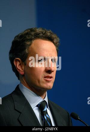 U.S Treasury Secretary Timothy Geithner during a press conference at the conclusion of the G-20 Meeting of Finance Ministers held at the International Monetary Fund April 23, 2010 in Washington, DC. Stock Photo