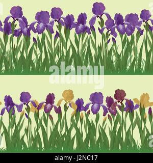 Flowers iris and butterflies, seamless Stock Vector
