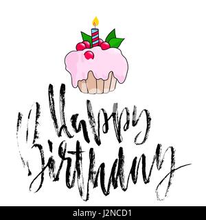 Happy birthday lettering for invitation and greeting card. Hand drawn inscription, calligraphic design. Vector illustration. Pink berry cake Stock Vector