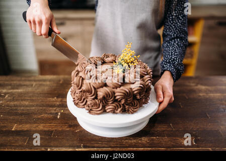 Female hands cutting chocolate cake with a knife, culinary masterpiece. Homemade sweet dessert Stock Photo