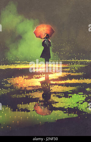 dark fantasy concept of mysterious woman holds umbrella standing in a puddle, illustration digital painting Stock Photo