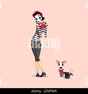 A girl mime performing a pantomime called too shy with the dog mime looking at a bone in a hat Stock Vector