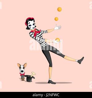 A girl mime performing a pantomime called juggling with oranges Stock Vector