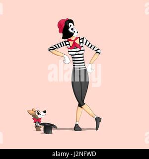 A girl mime performing a pantomime called leaning on something invisible and dog with hat Stock Vector