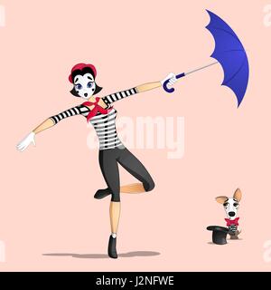 A girl mime performing a pantomime called flying with umbrella Stock Vector