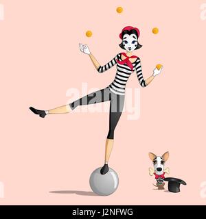 A girl mime performing a pantomime called juggling on the ball and a dog with a bone in its mouth Stock Vector