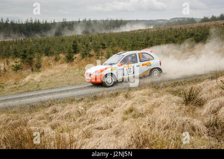 Wark, UK - 29th April, 2017: Rally car taking part in the Pirelli International Rally 2017 (Historic Section).  Driver David Bennett and Co-Driver Alistair McNeil in a VauxhallCorsa. Credit: ColobusYeti/Alamy Live News. Stock Photo