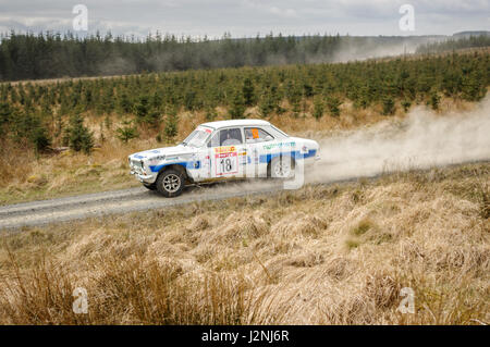 Wark, UK - 29th April, 2017: Rally car taking part in the Pirelli International Rally 2017 (Historic Section).  Driver Phil Jobson and Co-Driver Arwel Jenkins in a Ford Escort. Credit: ColobusYeti/Alamy Live News. Stock Photo