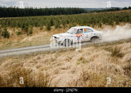 Wark, UK - 29th April, 2017: Rally car taking part in the Pirelli International Rally 2017 (Historic Section).  Driver Eliot Rettalick and Co-Driver Tim Tugwell in a Hillman Avenger. Credit: ColobusYeti/Alamy Live News. Stock Photo