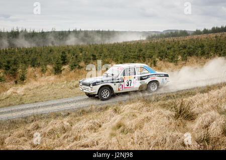 Wark, UK - 29th April, 2017: Rally car taking part in the Pirelli International Rally 2017 (Historic Section).  Driver Aziz Tejpar and Co-DriverSteve Davey in a Ford Escort. Stock Photo