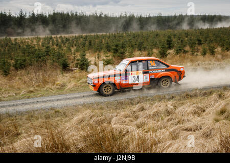 Wark, UK - 29th April, 2017: Rally car taking part in the Pirelli International Rally 2017 (Historic Section).  Driver Kim Gray and Co-Driver Tom Murphy in a Ford Escort Mk2. Stock Photo