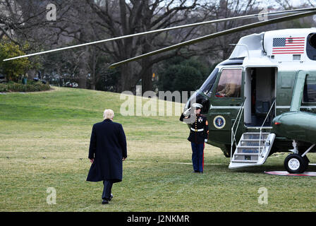 Washington, USA. 29th Apr, 2017. File photo taken on Feb. 3, 2017 shows U.S. President Donald Trump walking to Marine One departing for Andrews Air Force Base en route to West Palm Beach, Florida, at White House in Washington, DC, the United States. April 29, 2017 marks the 100th day of Donald Trump's office as the 45th president of the United States. Credit: Yin Bogu/Xinhua/Alamy Live News Stock Photo