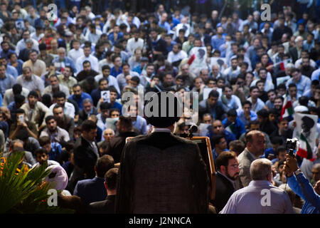 Tehran. 30th Apr, 2017. Supporters listen to the speech of presidential candidate Ebrahim Raisi during a campaign rally in Tehran, Iran, April 29, 2017. Iran's 12th presidential election is slated for May 19. Credit: Xinhua/Alamy Live News Stock Photo