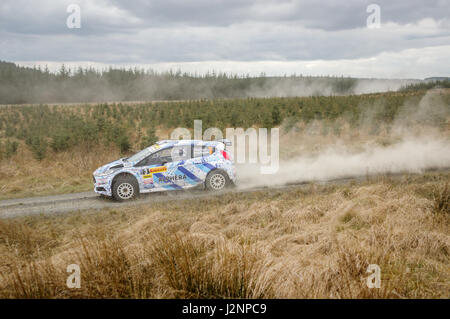 Wark, UK - April 29, 2017: Rally car taking part in the Pirelli International Rally 2017 (BRC Section).  Driver Osian Pryce and Co-Driver Dale Furniss in a Ford Fiesta R5.  Credit: ColobusYeti/Alamy Live News. Stock Photo