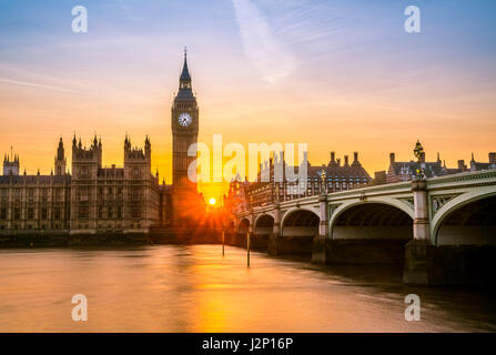 Big Ben backlit, Sunset, Houses of Parliament, Westminster Bridge, Thames, City of Westminster, London, London region, England Stock Photo