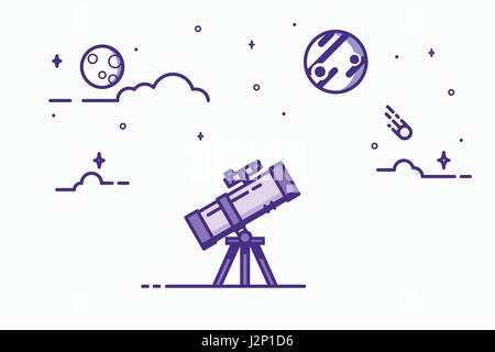 Astronomy mirror telescope. Discovery concept. Flat style, thick and thin line design of telescope looking to the stars and planets. Science discover. Stock Vector